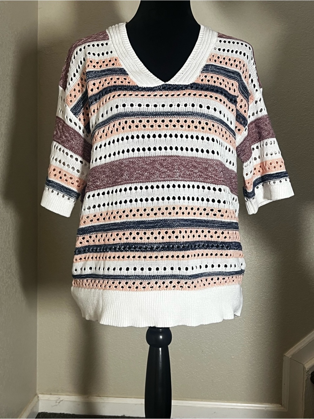 Striped Open-Knit V-Neck Sweater Top - White, Blush, Navy, Mauve